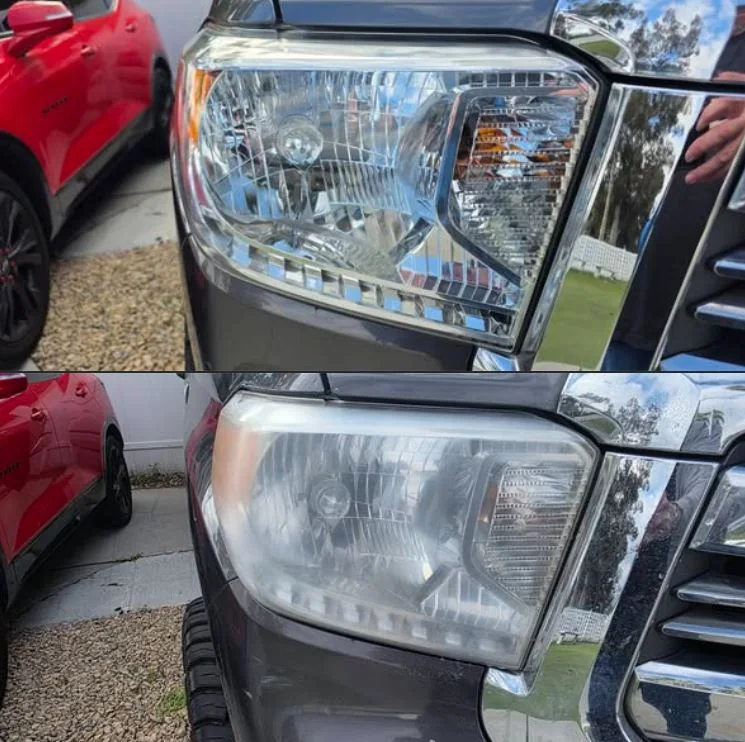 Before-and-after comparison showing a cloudy rectangular headlight and the clearer restored result.