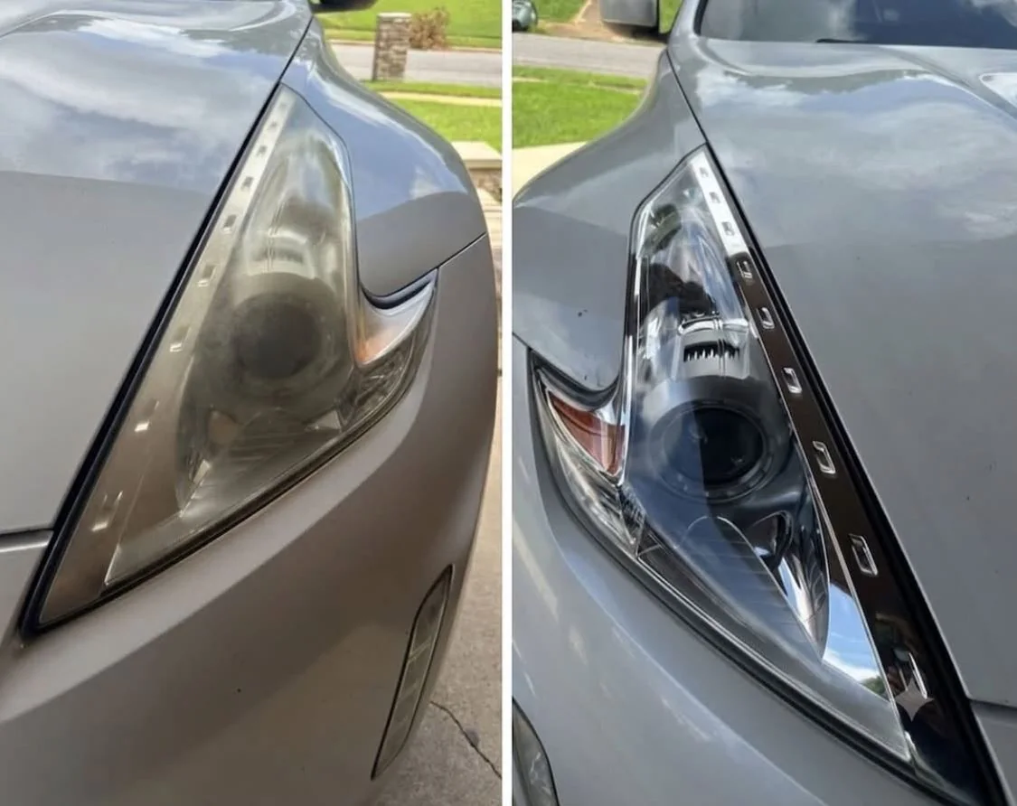 Side-by-side comparison showing a cloudy swept-back headlight and the clearer restored result.