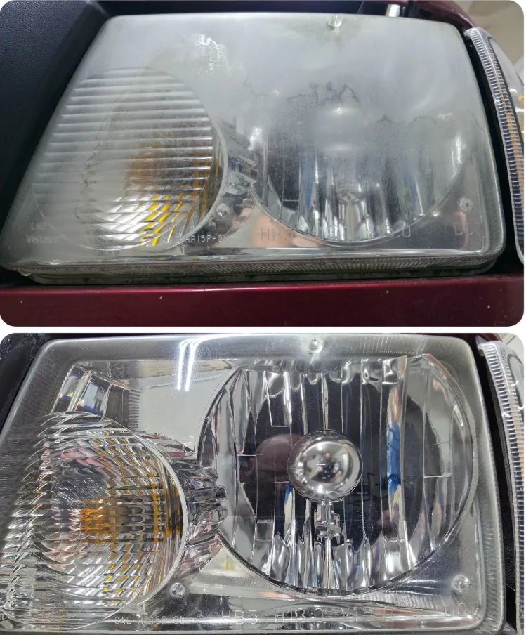 Before-and-after comparison showing a heavily hazed rectangular headlight and the clearer restored result.