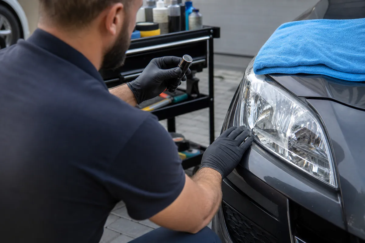 Generic automotive technician inspecting the outside surface of a headlight with a small inspection light.