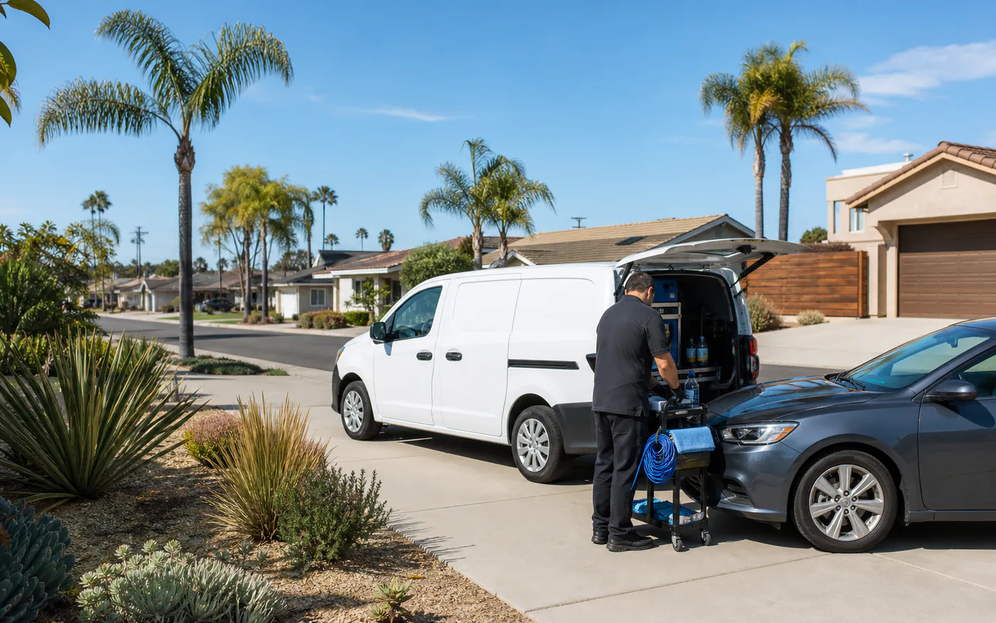 Generic mobile automotive service setup in a Southern California driveway.